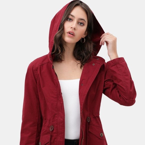Long Line Hooded Utility Anorak Jacket Coat (Wine Color) - Picture 1 of 3